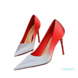 Dress Shoes European And American Fashion Sweet High Heels Stiletto Heel Shallow Point Satin Match Colour Gradient Single