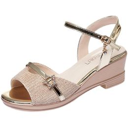 Sandals Gold Peep Toe Women Buckle Summer Fashion Ladies High Heels Square Solid Basic SandalsSandals