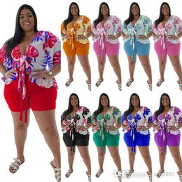 Women Plus Size Tracksuits Summer Fashion Beach Ruffle Short Sleeve Knot Crop Top With Shorts Pants Matching Two Piece Sets