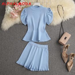 ALPHALMODA Summer Puff Sleeve Slim Shortsleeved Sweater Top Frill Shorts Women Sweet 2pcs Solid Lounge Wear Suits 220527