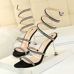 TopSelling summer sexy night club banquet women's high heel shoes 8cm thin snake shaped band around Classic luxury water drill sandals outdoor footwear