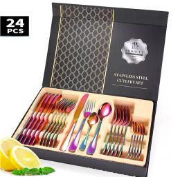 Arrived 24 Pieces Cutlery Set Five PVD Colors Available Knife Spoon Fork Stainless Steel Tableware with Gift Box