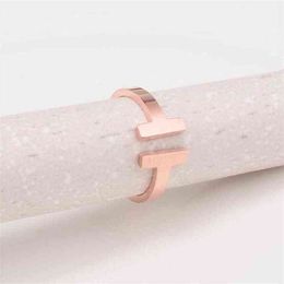 Stainless 316 Steel Double T Design Open Ring For Women Fashion Titanium Flexible Ring Rose Gold Plated Ring191P