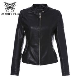 AORRYVLA Autumn Womens Leather Jacket Black PU Leather Moto Biker Jacket Mandarin Short Female Faux Leather Outwear 201030