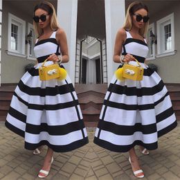 Basic Casual Dresses Women Elegant Off Shoulder Long Party Dress Summer Striped Print Sleeveless Fashion Chic A-line Suspender Beach