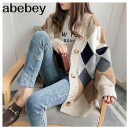 Kadın Sweaters Sonbahar Kış Moda Moda Günlük Ekose V Yastık hırkaları Tek Göğüslü Puf Kılıf Gevşek SW658 201222