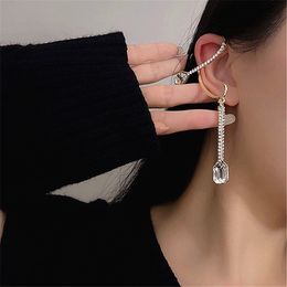 Dangle & Chandelier Personality Rhinestone Tassel Green Stone No Pierced Ear Loop for Women Drop Shaped Fashion Exaggerated Ear Hook Jewelry