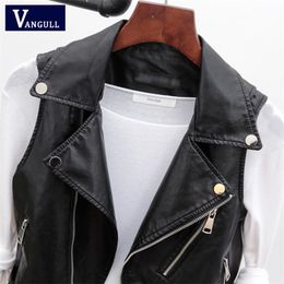 Vangull PU Leather Vest Waistcoat Solid Women Motorcycle Vest Spring Autumn High Quality Sleeveless Zipper Vests Tops K220812