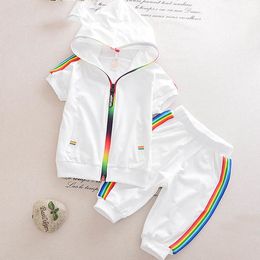 Vestiti di moda estivi in cotone Bambina manica corta Giacca con cerniera solida + pantaloni 2 pezzi Bebes Tuta Set di abbigliamento per neonato