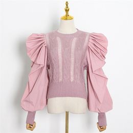 TWOTWINSTYLE Patchwork Ruched Sweater For Women O Neck Puff Sleeve Casual Tunic Sweaters Female Fashion Clothing Fall 201203