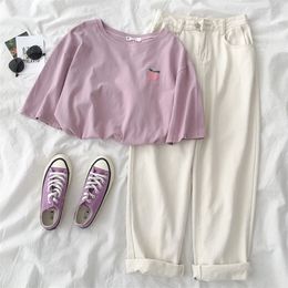 Summer Casual 2 Piece Set Women Casual Solid Pant Set Two Pieces Set Suit Purple Peach Tshirt White Pants Matching Sets T200716