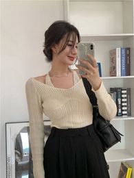 Knitted Pullover Women Long Sleeve Fake TwoPiece Halter Tops Tshirts Streetwear Cute Ladies Top Vintage Sexy Slim Thin Sweaters 220816