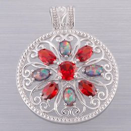 Pendant Necklaces Hollow Large Round Red CZ Black Cherry Fire Opal Silver Plated Jewelry For Women NecklacePendant NecklacesPendant