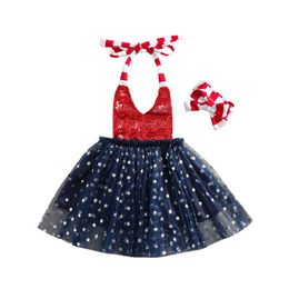 Girl's Dresses Little Baby Girl Independence Day Clothes Set Stripe Halter Sequins Patchwork Stars Mesh Tutu Skirt Hem Dress With Headband 1