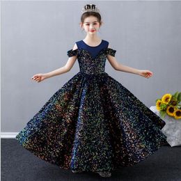 Girl's Dresses Luxury Formal Evening Party Sparkly Sequins Tulle Princess Gown Girls Long Wedding Flower Girl Junior Bridesmaid Clothes