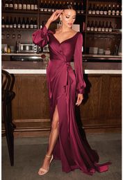 Elegant Bury Slit Front Evening Dresses V Neck Long Sleeve Silk Satin Prom Dress For Women Plus Size Simple A Line Special Ocn Gowns Sweep Train
