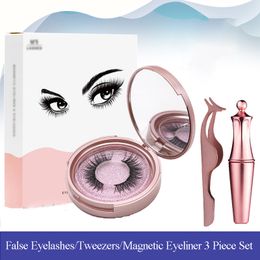 2 Pairs Magnetic 3D False Eyelashes & Liquid Eyeliner with Tweezers Set Reusable Magnet Glue Eyelashes Beauty Accessories Makeup Tools LT0076