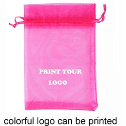 100pcs Customised printing bags Drawstring Organza small Pouches Jewellery Package Makeup Wedding Packaging Mesh Gift Bag 220704