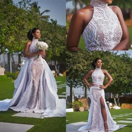 Black Girl Lace Mermaid Split Wedding Dresses With Detachable Skirt 2022 Illusion Lace Applique Wedding Bridal Gowns robes de mariée BC4095