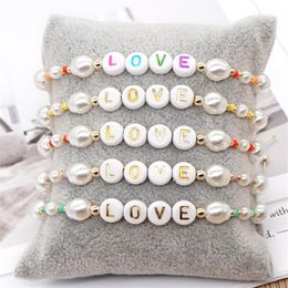 Bohemia LOVE lettres imitation beaded strands pearl bracelet jewelry weave designer bracelet for woman knot South American White Red Yellow Beads Bracelets Gift