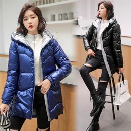Bright Face Down Cotton Thickening Hooded Down Padded Jacket Women Winter Style Women's Korean Mid-Length Women Jacket 201127