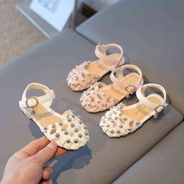 Girls Sandals 2022 New Summer Children Pu Rivets Rhinestones Comfortable Cow Muscle Beach Princess Sandal Baby Toddler Kid Shoes G220418