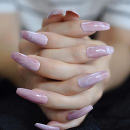 Long Marble Coffin Nail Natural Daily Pink Adult Full Artificial Tips Designed Salon Smooth Press On Manicure Prud22