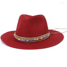 Wide Brim Hats HT3653 Spring Summer Sun Hat Women Beads Band Fedoras Panama Ladies Straw Vacation Beach Cap Female Floppy Eger22