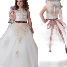 Girl Dresses Girl's Ivory Flower With Golden Lace Applique Sleeveless Tulle Wedding Cute Princess Communion Pageant Kids GownsGirl's