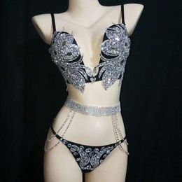 Stage Wear Sparkly Silver Crystals Bikini Set Sexy Bodysuit Women Nightclub Bar Outfit Performance Dance Costume Party DressStage