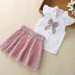 New Girls Clothing Kids Girls Casual Dress Bow Design Leopard Mesh Gown Dress 2 Piece Set Summer Clothes for Girls Aged 3-7 G220518