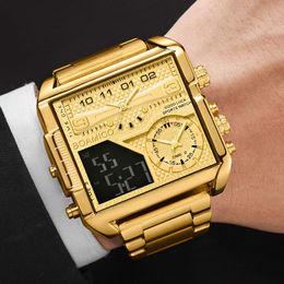 Top Brand Luxury Fashion Men Watches Gold Steel Sport Square Digital Analogue Big Quartz Watch For Man Relogio Masculino