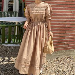 Casual Dresses Summer Vintage O Neck Pleated Edge Women Dress Stitching Drawstring Slim Waist Puff Sleeve Vestidos Elegant Chic RobeCasual C