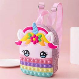 Unicorn Bubble Handbag Silicone Fidget Push Bubbles Pop Ryggsäck Skolväskor Kids Purse Children Rainbow Fidget Toy