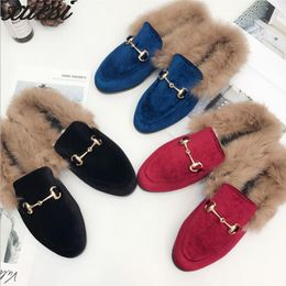 Women Shoes Designer Black Blue Red Corduroy Metal Chain Rabbit Hair Woman Fur Slides Slip On Loafers Mules Flip Flops 35-41