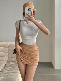 Women's T-Shirt Simple Casual Style Sexy High Waist Tight Short Sleeve Women's Solid Color Turtleneck Folds Bottoming Top KXCZWomen's