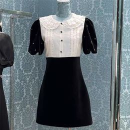 Clothing Spring and summer new dress lace doll collar bubble sleeve diamond inlaid thin black and white middle skirt celebrity skirt