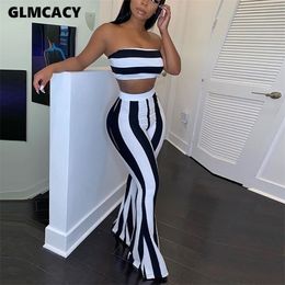 Women Sexy Striped Strapless Two Piece Set Summer Strapless Top and Long Pant Women Set Party 2 Piece Set T200716