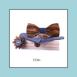 Bow Ties Fashion Accessories Wooden Tie Hanky Cufflinks Brooch Set Women Wood Bowtie With Box Wedding Bridegroom Dh27V