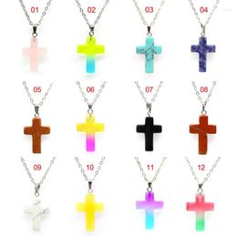 Pendant Necklaces Creativity Natural Stone Coloured Cross Necklace For Woman Pink Black Brown Yellow Crucifix JewelryPendant