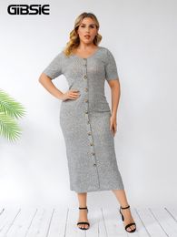 GIBSIE Plus Size Button Front Solid Ribknit Long Dres Summer Short Sleeve Office Casual Slim Fit Bodycon Pencil Dress 220527