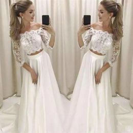 Boho Beach Wedding 2022 Dresses Bridal Gown Two Piece Ruched Pleats Sweep Train Satin Off the Shoulder 3/4 Long Sleeves Custom Made Plus Size Vestidos De Novia