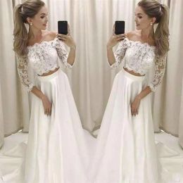 Boho Beach Wedding Dresses Bridal Gown Two Piece Ruched Pleats Sweep Train Satin Off The Shoulder Long Sleeves Custom Made Plus Size Vestidos De Novia