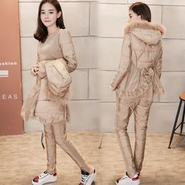 Women's Two Piece Pants Winter Womens Clothing Suit Cotton Jacket Korean Fashion Casual Short Hooded Fur Collar Three-piece Set WomenWomen's