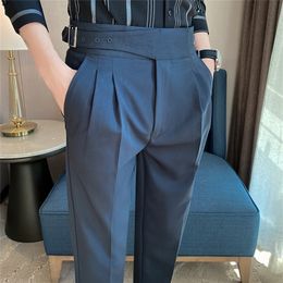 Men's Pants British Style High Waist Casual Dress Pant Belt Design Slim Trousers Formal Office Social Wedding Party Suit 220826