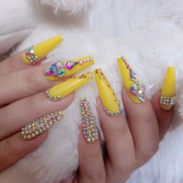 24pcs design luxury jewelry long ballet coffin fake nails crystal diamond Lemon yellow 220716