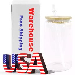 Iced Coffee Glass Cup Tumblers with Bamboo Lid and Straw 16oz Clear Frosted Can Shaped Camping Cup Gifts for Campers 0304