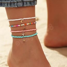 Europe Fashion Colourful Beaded Anklet Lovely Star Moon Lock Pendant Beads Anklets 4pcs/set