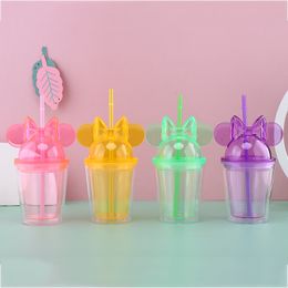 8 Colours 16oz Clear Mouse Ear Tumblers with Straw 450ml Mouse Ears Mug Acrylic Plastic Water Bottles Cute Child Cups for gift