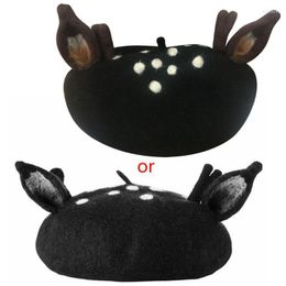 Berets Women Girls Christmas Beret Cap Cute 3D Reindeer Antler Ears Faux Felt Painter Student Winter Warm Animal Mushroom Hat Gifts Wend22